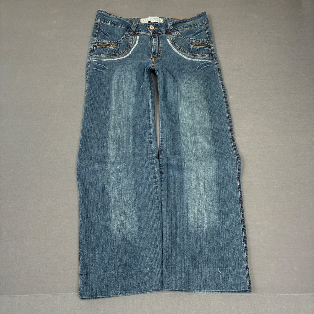 Y2K Mid Rise Medium Wash Flared Zipper Pocket Jeans Women's Size 29x25 VTG